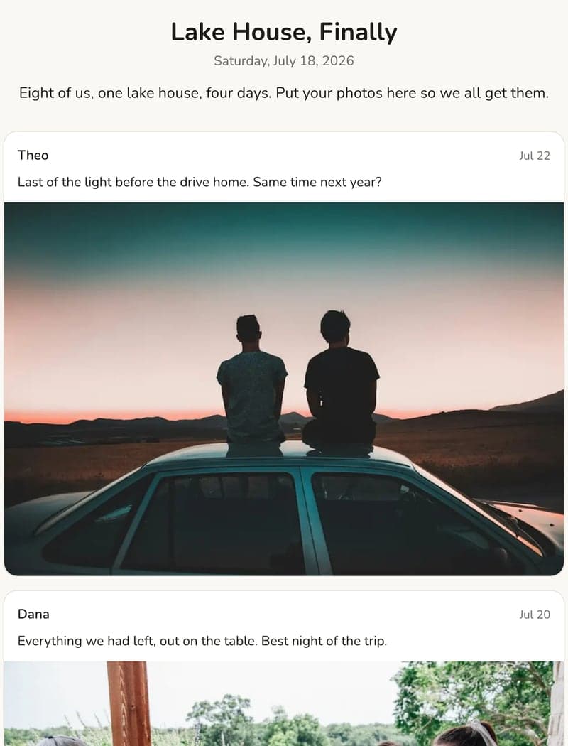 An example gallery from a group trip: friends' photos and messages posted across several days