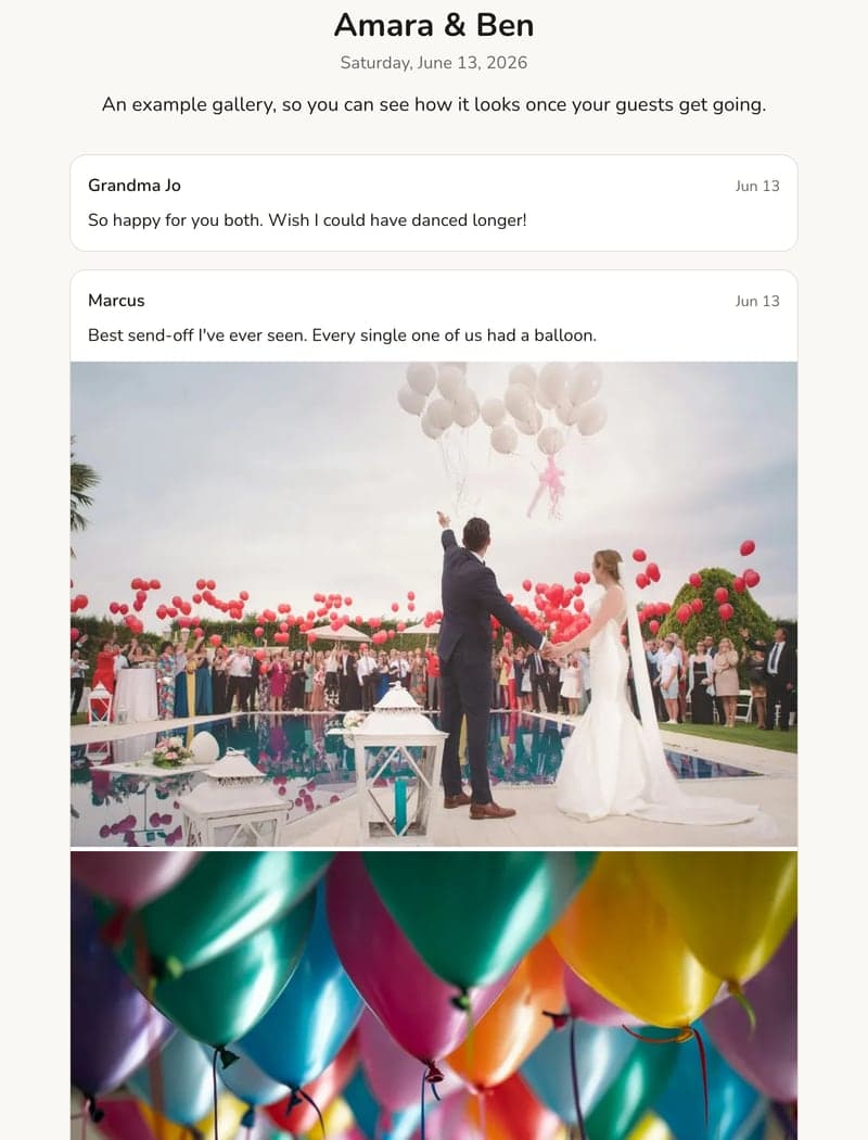 An example wedding gallery: guests' photos and messages, each with the guest's name and the date